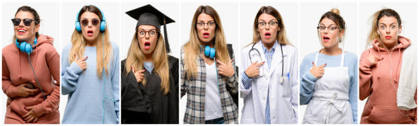istock Cool woman, different professions happy and surprised cheering expressing wow gesture, pointing with finger 1042150038