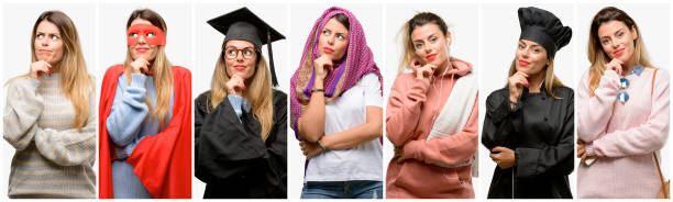 Cool woman, different professions thinking and looking up expressing doubt and wonder