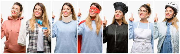 istock Cool woman, different professions happy and surprised cheering expressing wow gesture pointing up 1042150136