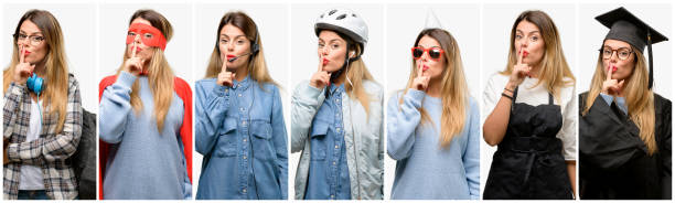 istock Cool woman, different professions with index finger on lips, ask to be quiet. Silence and secret concept 1042150148