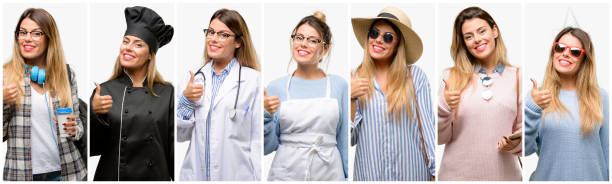 istock Cool woman, different professions smiling broadly showing thumbs up gesture to camera, expression of like and approval 1042150200