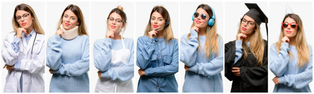 istock Cool woman, different professions thinking and looking up expressing doubt and wonder 1042150300