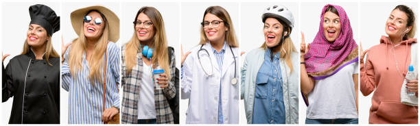istock Cool woman, different professions pointing away side with finger 1042150318