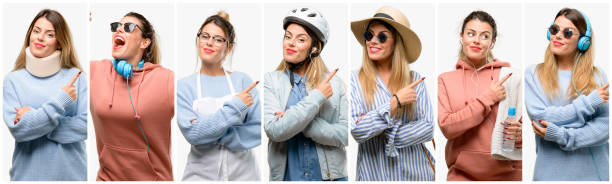 istock Cool woman, different professions pointing away side with finger 1042150346