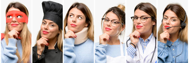 istock Cool woman, different professions thinking and looking up expressing doubt and wonder 1042150382