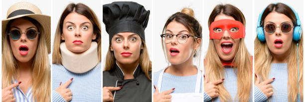 istock Cool woman, different professions happy and surprised cheering expressing wow gesture, pointing with finger 1042150396