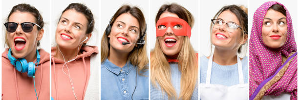 Cool woman, different professions thinking and looking up expressing doubt and wonder