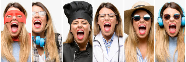 istock Cool woman, different professions stressful, terrified in panic, shouting exasperated and frustrated. Unpleasant gesture. Annoying work drives me crazy 1042150430