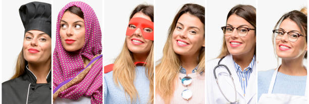 istock Cool woman, different professions happy and surprised cheering expressing wow gesture pointing up 1042150432