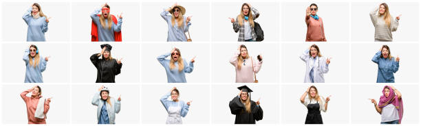 istock Cool woman, different professions pointing away side with finger 1042150678