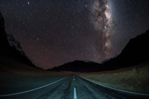 Photo of Milky Way Galaxy on center of an empty road