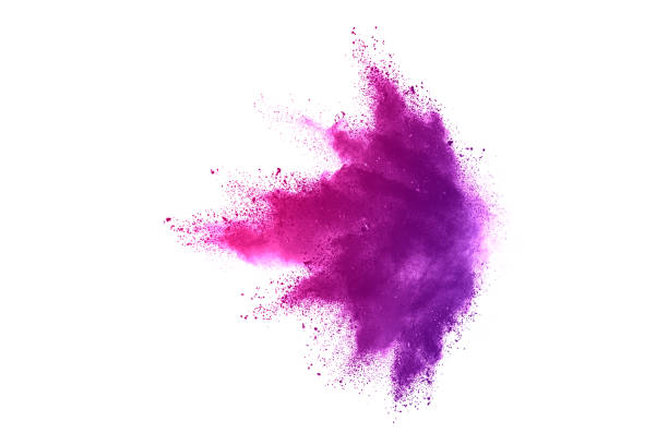 Freeze motion of purple color powder exploding on white background.