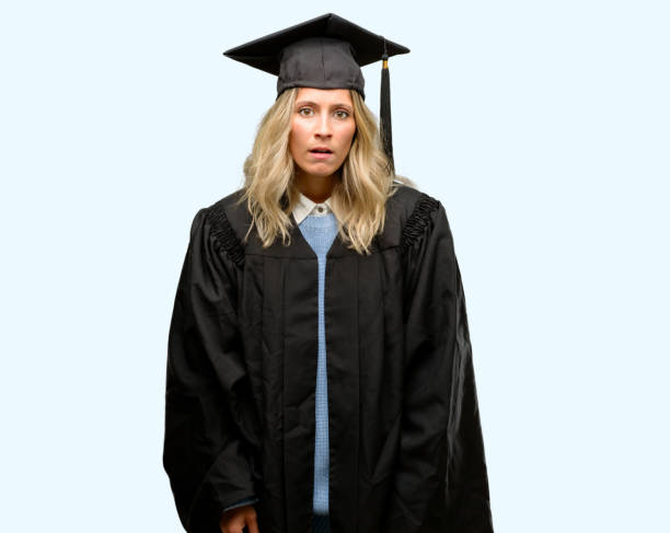 istock Young graduate woman scared in shock, expressing panic and fear 1042160964