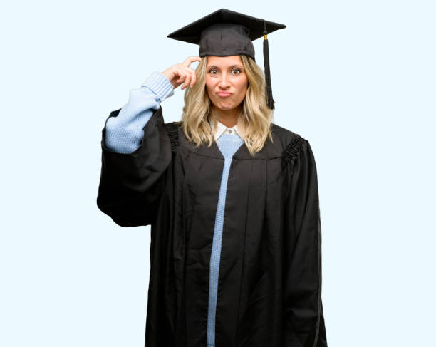 Young graduate woman doubt expression, confuse and wonder concept, uncertain future