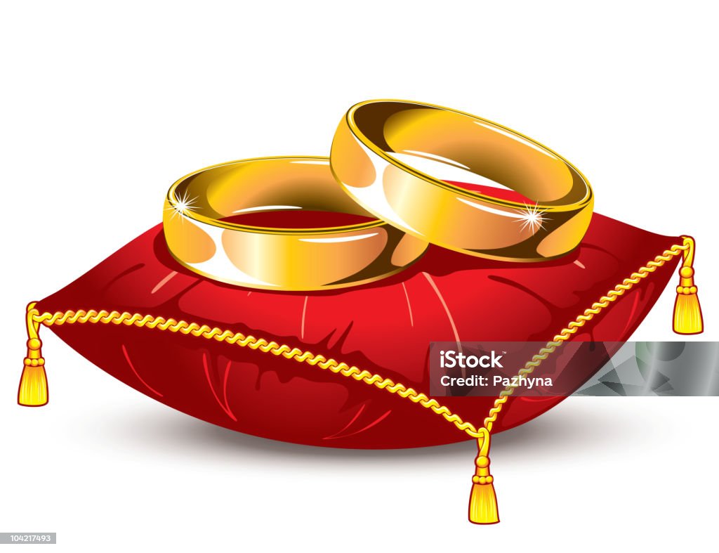 Anneaux de mariage sur coussin rouge - clipart vectoriel de Amour libre de droits