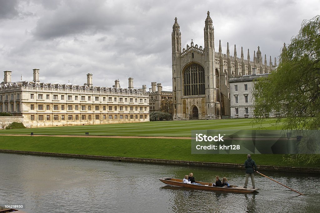 View of Cambridge university and a punt Great view on King's Chapel. King's College, Cambridge, UK Cambridge - England Stock Photo