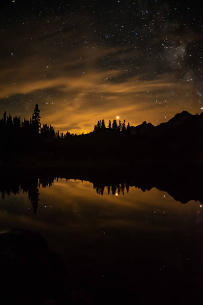 istock Nightsky over a lake and forest in the mountains 1042192744