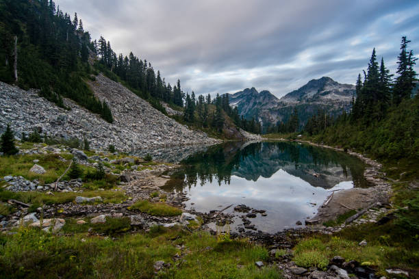 istock Beautiful clear mirroring lake with impressive skies in mountains 1042192784