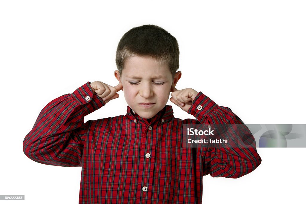Young boy in plaid shirt covering his ears  Sensory Perception Stock Photo