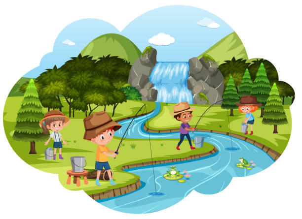 illustrations, cliparts, dessins animés et icônes de enfants, pêche à la rivière - frog animal little boys child