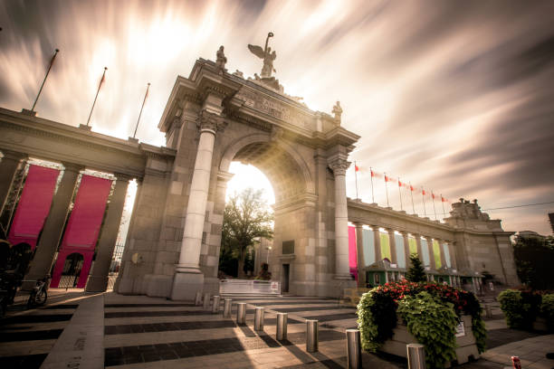 Princes' Gate at the Toronto CNE The Princes' Gate at the Toronto CNE entrance.   A long exposure of one of Toronto's iconic locations. exhibition place toronto stock pictures, royalty-free photos & images