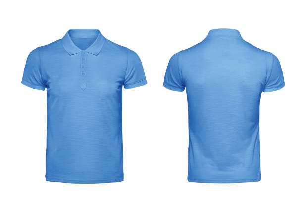 modelo de design de camisa polo azul t isolado no branco com traçado de recorte - blue polo shirt - fotografias e filmes do acervo