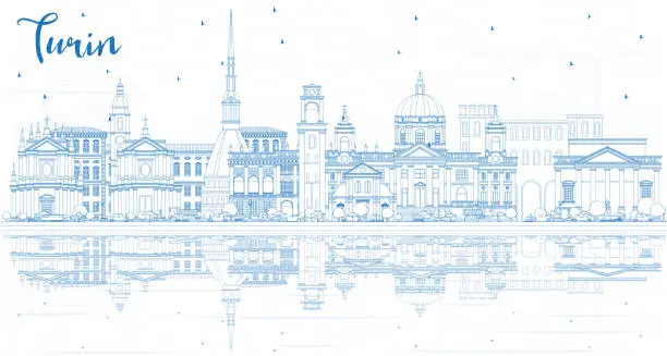 Vector illustration of Outline Turin Italy City Skyline with Blue Buildings and Reflections.
