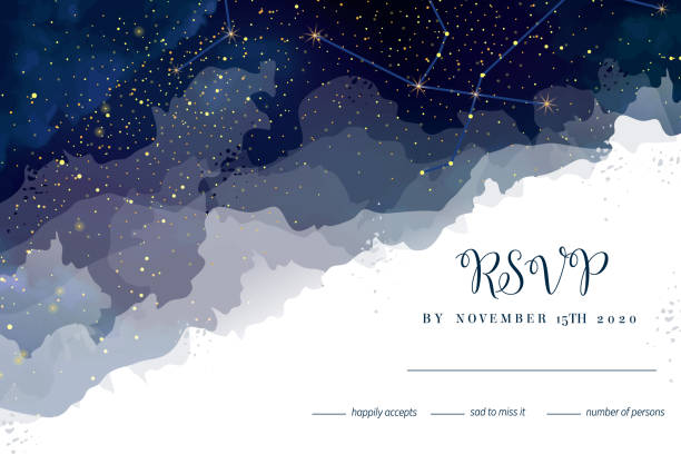 Magic night dark blue sky with sparkling stars vector wedding rsvp card. Magic night dark blue sky with sparkling stars vector wedding rsvp card. Andromeda galaxy.Gold glitter powder splash horizontal background.Golden scattered dust. Midnight milky way.Watercolor painting cassiopeia stock illustrations