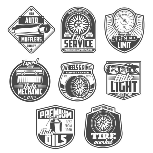 Car repair service and mechanic garage icons Car repair and diagnostic service icons. Auto motor oil, wheel and tire, automobile light and speedometer black and white vintage shields for mechanic workshop, auto part shop and garage design vintage tire stock illustrations