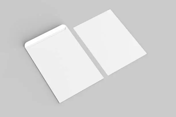 C4 envelope mock up isolated on soft gray background. 3D illustration.
