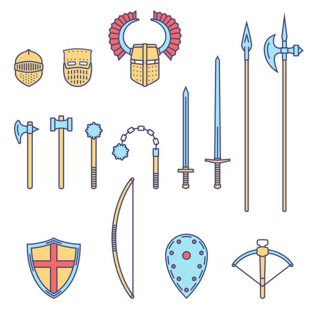 ilustrações de stock, clip art, desenhos animados e ícones de medieval knight weapons and armors set. medieval warrior equipment. sword, hammer, axe, male, spear, pike,mace, bow, crossbow helmet shield. - halberd