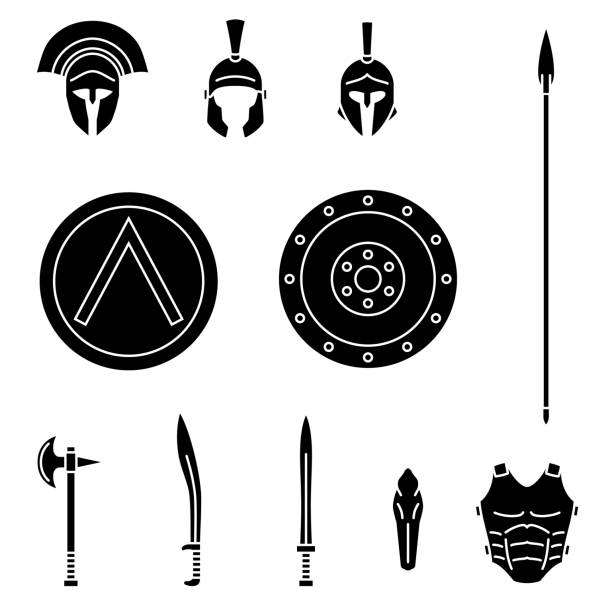 Set of ancient greek spartan weapon and protective equipment. Spear, sword, xyphos, shield, axe, helmet, leggins. Set of ancient greek spartan weapon and protective equipment. Spear, sword, xyphos, shield, axe, helmet, leggins. Warrior outfit Vector illustration spear stock illustrations
