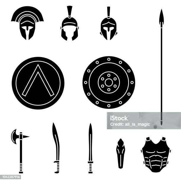 Set Of Ancient Greek Spartan Weapon And Protective Equipment Spear Sword Xyphos Shield Axe Helmet Leggins Stock Illustration - Download Image Now
