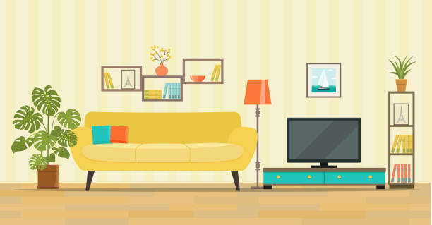 Print Living room interior. Furniture: sofa, bookcase, tv, lamps. Flat style vector illustration sofa illustrations stock illustrations