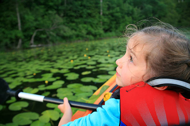 caiaque em blocos de lírio - summer camp child teenager kayak - fotografias e filmes do acervo