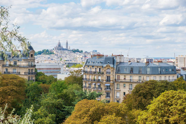 Paris skyline with Montmartre hill and Sacre Coeur Basilica in view. Paris skyline with Montmartre hill and Sacre Coeur Basilica viewed from Buttes-Chaumont Park. choeur stock pictures, royalty-free photos & images