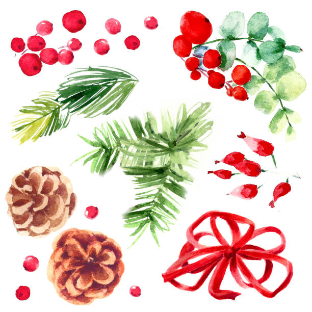 istock Christmas set from holly berries, pine branches, cones, dod roses and red bow. 1042315886