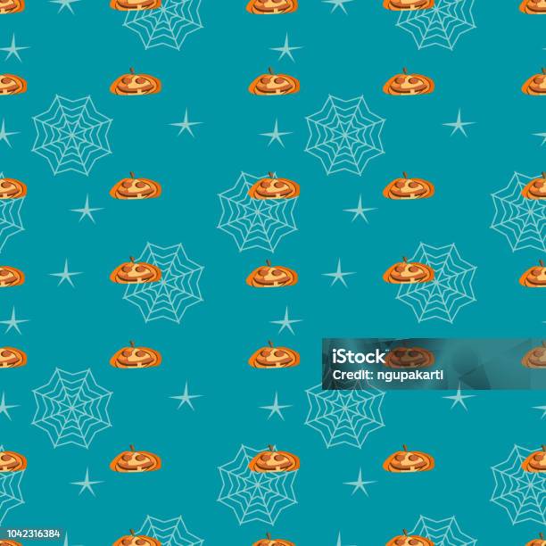 Halloween Creepy Yellow Pumpkin And Web Seamless Pattern Stock Illustration - Download Image Now