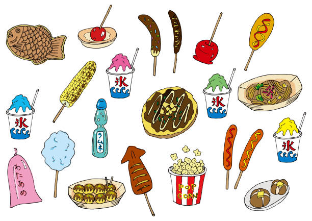 illustrazioni stock, clip art, cartoni animati e icone di tendenza di set di cibo di strada enning - baked potato