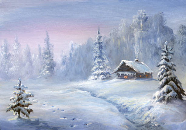 stockillustraties, clipart, cartoons en iconen met winterlandschap, olieverfschilderij - atmospheric setting