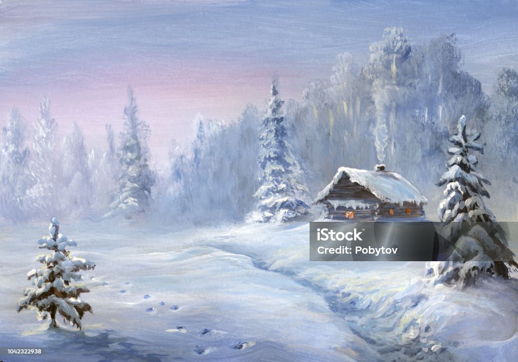 winter landscape, oil painting winter landscape, only my artwork, oil painting Christmas stock illustration