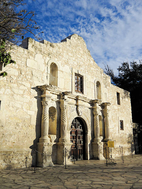Deserted front entrance to the Alamo on sunny day stock photo