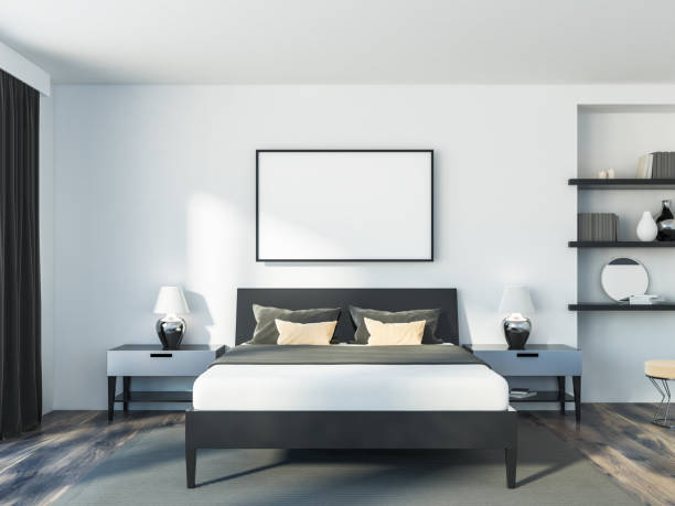 istock White bedroom interior, framed poster 1042340180