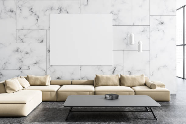 istock White marble living room, beige sofa, poster 1042343090