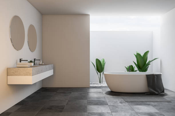 istock Loft large white bathroom interior, tub and sink 1042343304