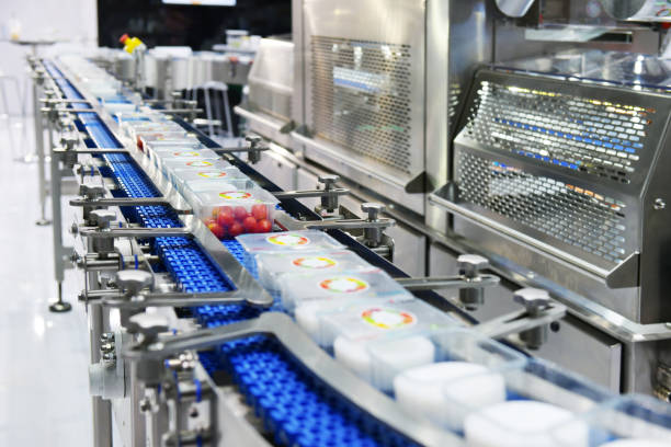 istock Food products boxs transfer on Automated conveyor systems 1042343496