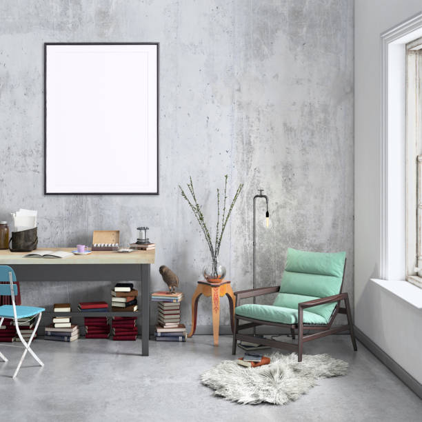 istock Contemporary home office interior background poster template 1042343728
