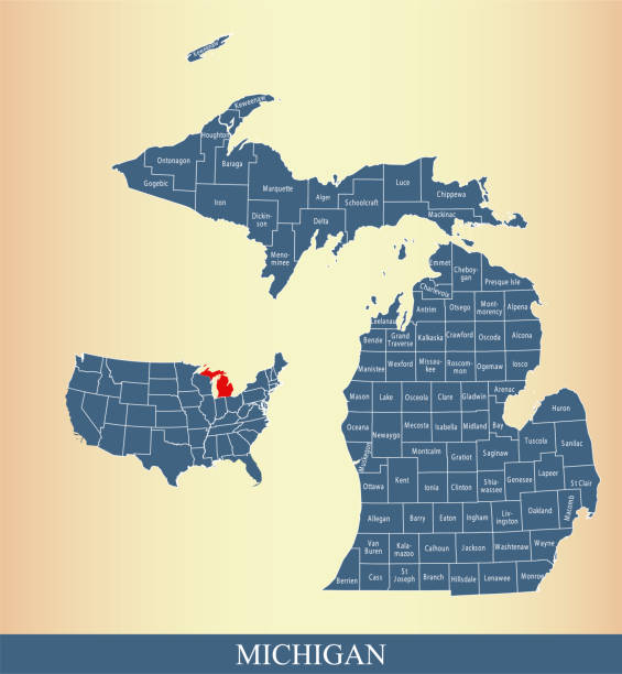 Michigan state of USA county map vector outlines illustration with counties names labeled in blue background. Highly detailed county map of Michigan state of United States of America Michigan state of USA county map vector outlines illustration with counties names labeled in blue background. Highly detailed county map of Michigan state of United States of America saint joseph stock illustrations