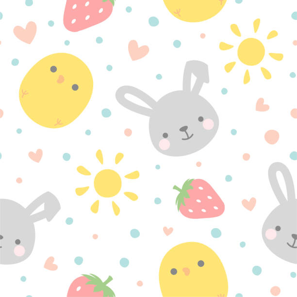 ilustrações de stock, clip art, desenhos animados e ícones de bunny and chick pattern with strawberry - baby chicken young bird young animal easter