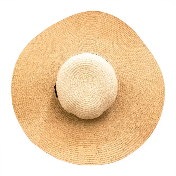 Straw hat with ribbon isolated on white background. Top view of fashion hats in summer style. ( Clipping path )